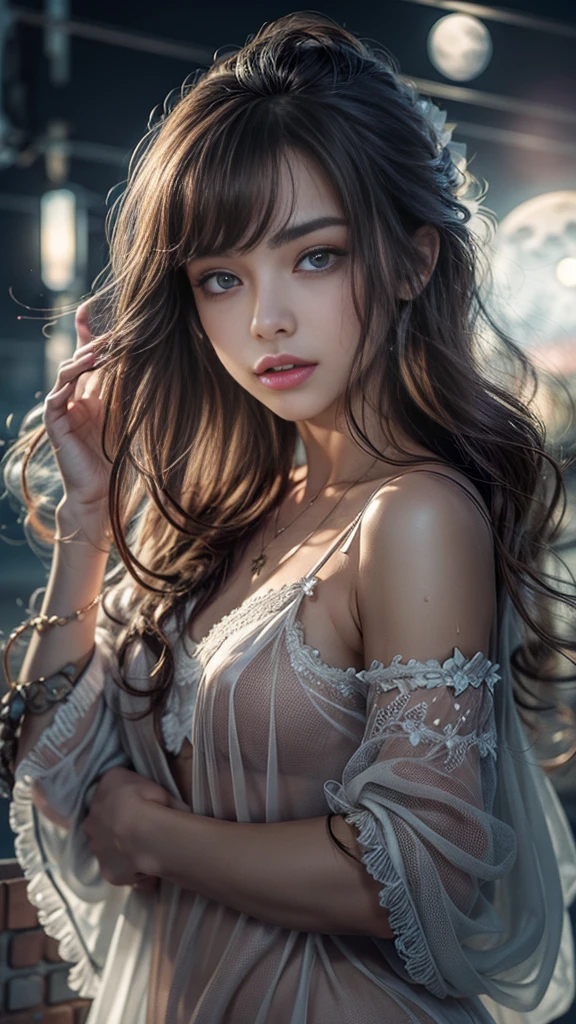 (Photorealistic:1.5, Tabletop:1.5, 8K), (Highest quality, masterpiece, Ultra-high resolution), Perfect dynamic composition, Professional camera work:1.4, Highly detailed skin and  textures:1.3, Mysterious portrait, Grow light effect, Ultra-detailed:1.3, One Girl, ((Night view from the rooftop, The moonlight at night illuminates my body)), (Sheer satin nightgown), Model Body Type, Clear Face, (Beautiful  eyes:0.9, A dreamy look:1.0, I love you dearly:0.8, Open your mouth a little, lipstick, A taste that exudes beautiful :0.7), (Wet dark brown medium length hair), Candles, The  is medium, necklace, (Tilt, get up), ((Attractions, Fascinating, Hair fluttering in the wind))