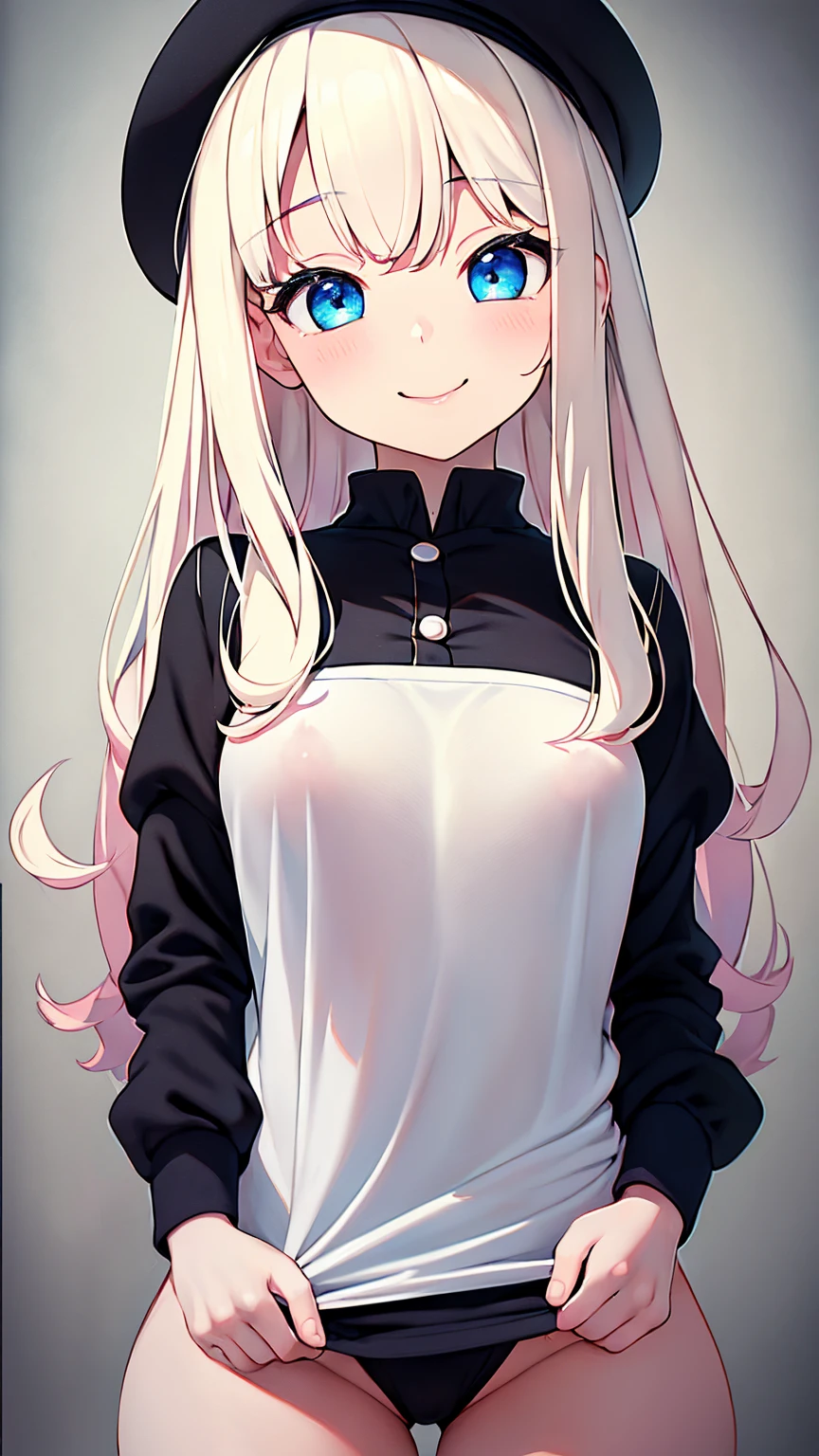 Highest quality,masterpiece,masterpiece portrait,Upper Body, Blonde、Blue Eyes、Pink lips、、White shirt、Black Ribbon、Sexy atmosphere、cartoonist、(((Slightly erotic)))、Wearing a beret、smile、Anime Style、Beauty、Her background is monochrome black、(((Front view)))、Looking up,oil