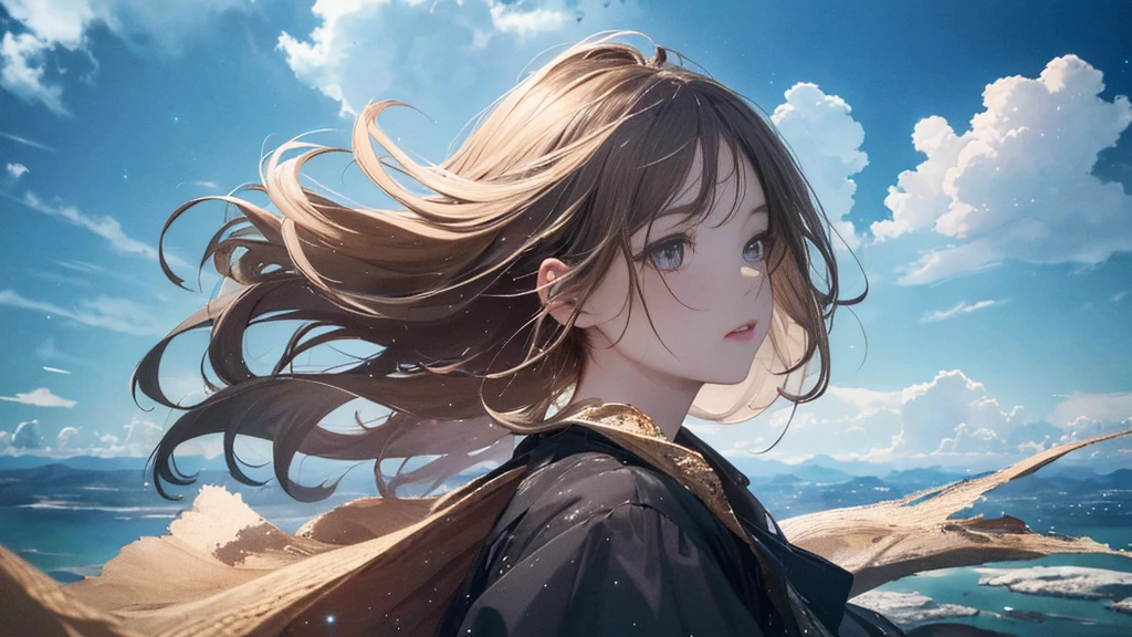 (masterpiece), (high resolution 8K),absurdity, high resolution, (official art, beautiful and aesthetic: 1.2), close view, sparkling sky, vast world,((1 girl)), staring, awe-inspiring expression, distant horizon, clouds, natural beauty, inspiration, light effect, wide shot, from afar,beautiful woman,detailed eyes and face
