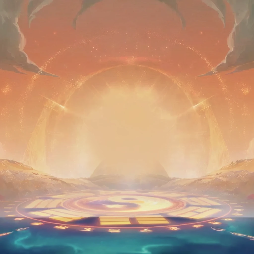 There is a painting depicting the sun setting over water., Kingdom of Light Background, Arena Background, background technology, background technologywork, odin's stone Arena Background, Golden hour background, Stunning mysterious background, Magic battlefield background, Game Background, mobile Game Background, Ethereal Background, Gorgeous background, dreamlike sunraise, Dawn background, Concept Art Magic Highlights