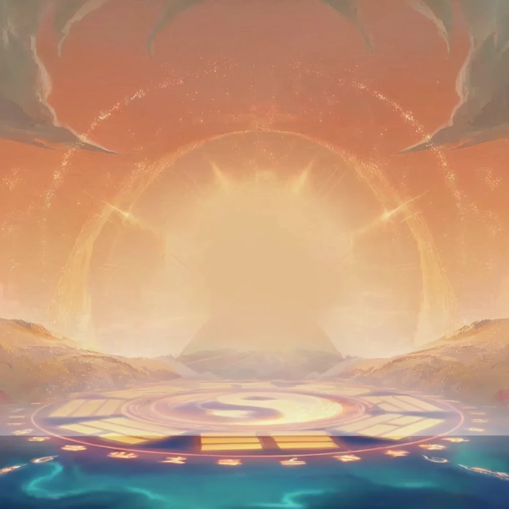 There is a painting depicting the sun setting over water., Kingdom of Light Background, Arena Background, background technology, background technologywork, odin's stone Arena Background, Golden hour background, Stunning mysterious background, Magic battlefield background, Game Background, mobile Game Background, Ethereal Background, Gorgeous background, dreamlike sunraise, Dawn background, Concept Art Magic Highlights