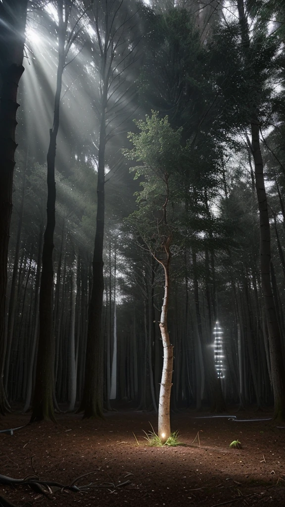 Make me an image of a white light that illuminates a forest