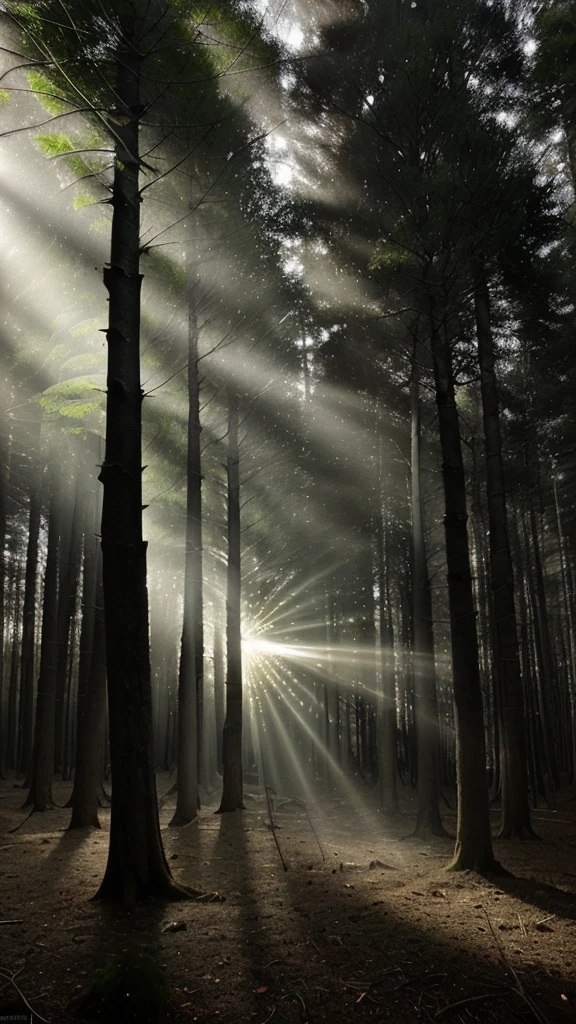 Make me an image of a white light that illuminates a forest 