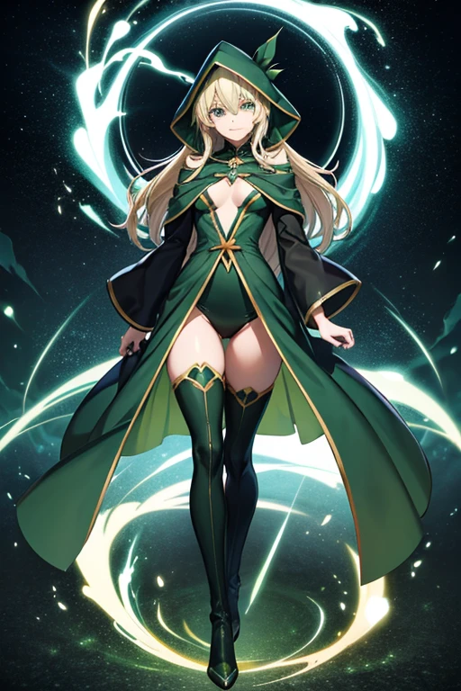 Anime Art、Full body portrait、The Dark Green Magician of Space SF、A woman of about 25 years old, around 185cm tall, wearing a dark green hooded robe that reveals her chest, emitting lightning.、Condescending smile、Hair is semi-long、Platinum Blonde Hair、Thigh-high boots、Golden Bangles、Green Eyes、surrounded by lightning、He wears a dark green hood on his head.