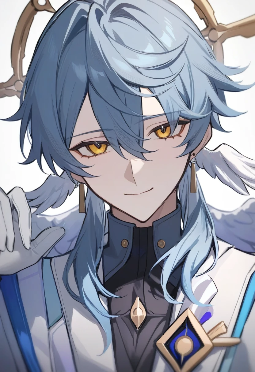 masterpiece,best quality,sunday_(honkai:_star_rail), black_shirt, sidelocks, white_wings, smile, looking_at_viewer, gloves, closed_mouth, solo, hand_up, shirt, head_wings, long_sleeves, jewelry, white_gloves, jacket, eyelashes, simple_background, halo, wings, white_background, feathered_wings, 1boy, upper_body, male_focus, earrings, star night background