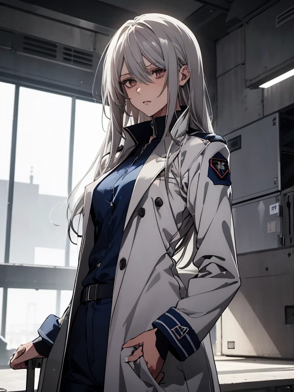(Confused, High resolution, Very detailed), 1 female, Silver Hair,Long Hair,Reddish brown eyes,White and blue pilot suit,White long coat,Navy blue skinny pants,24th generation,beauty,mature,thin,quiet,Calm,Hanger,talk,Threatening,Unpleasant,Annoying,White long coat,