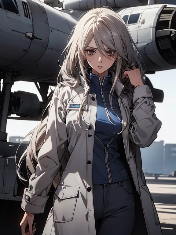 (Confused, High resolution, Very detailed), 1 female, Silver Hair,Long Hair,Reddish brown eyes,White and blue pilot suit,White long coat,Navy blue skinny pants,24th generation,beauty,mature,thin,quiet,Calm,Hanger,talk,Threatening,Unpleasant,Annoying,White long coat,