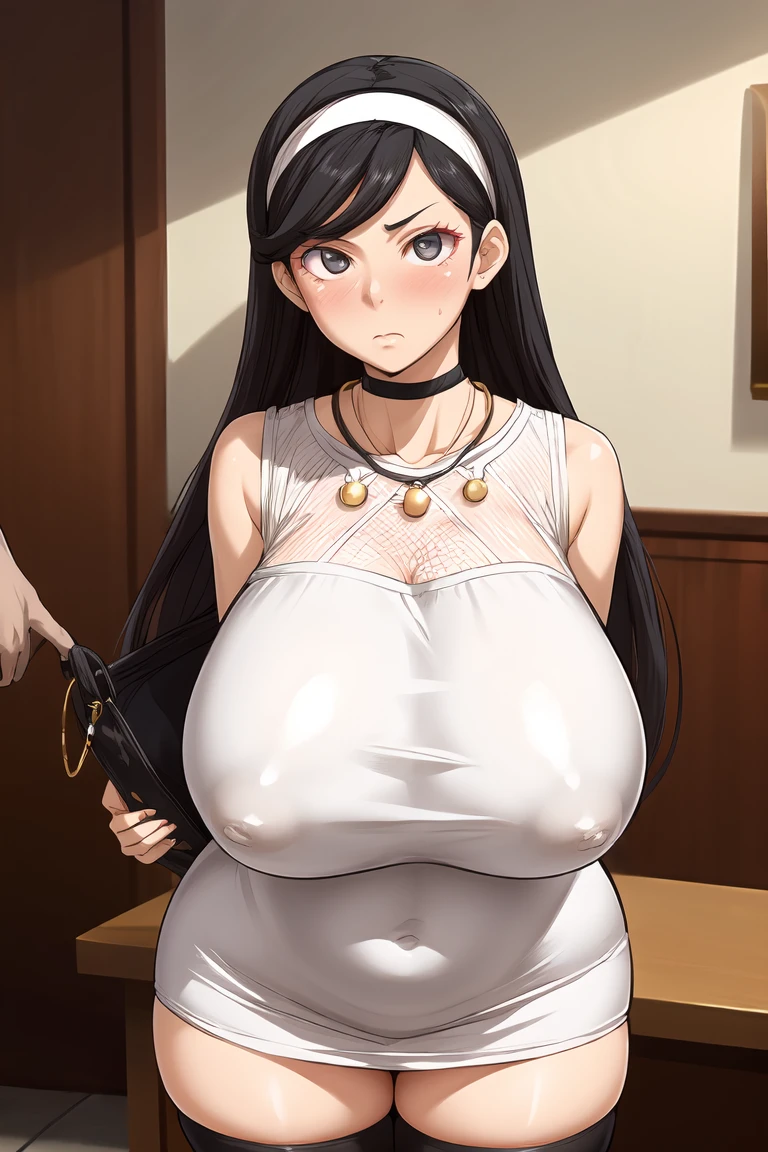 kumashiro maya, hairband, (white dress), bracelet, black thighhighs, makeup, mascara, 1girl, solo, black hair, NSFW, (microdress), (golden), (bodycon), blush, eyeslashes, fishnet stockings, (face focus), (handbag:0.8), (o-ring:1.2), choker, jewelry, necklace, BREAK masterpiece, best quality, glowing skin, mature figure, voluptuous body, shiny skin, mature women, gigantic hanging breasts, from the front,