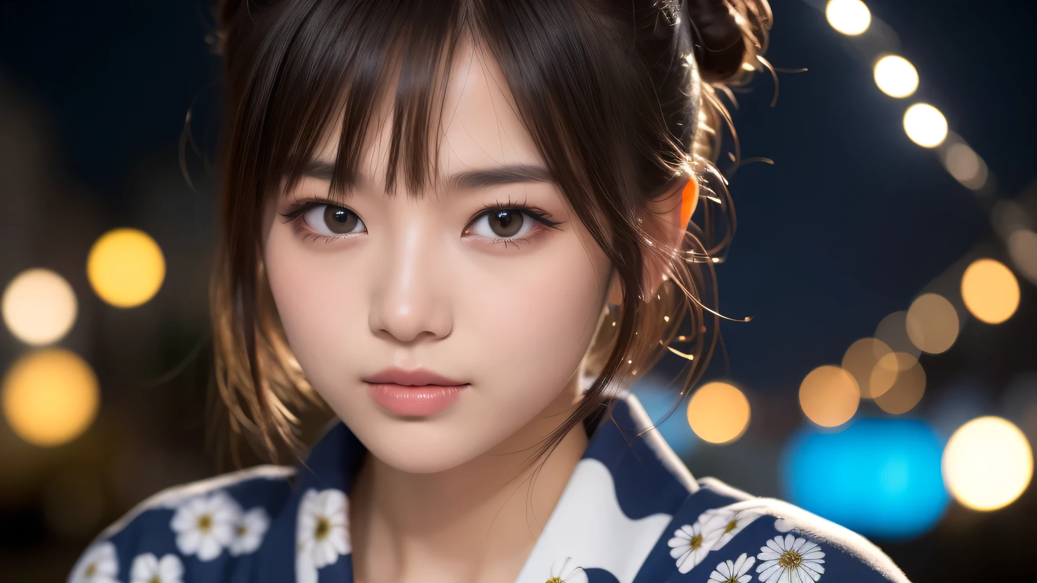 (1women), bun hair, (round eyes:1.2), (highly detailed face), (extremely detailed beautiful face), (floral pattern yukata), (Best Quality:1.4), (Ultra-detailed), extremely detailed CG unified 8k wallpaper, Realistic portrait, Beautiful detailed, High-definition raw color photos, professional photography, night sky, tanzaku, (Japan's Tanabata, Tanabata night), tanzaku, beautiful milky way, (fine face:1.2), focus on women