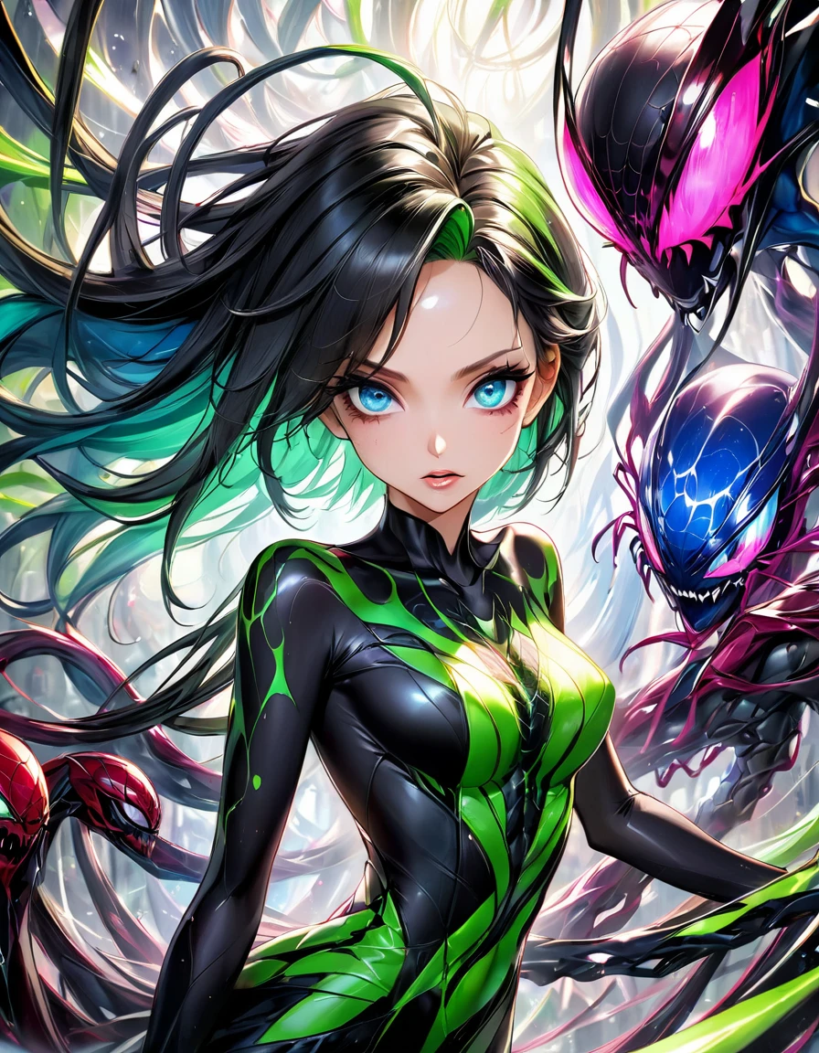 atmosfera sangue diamond aadira homen de ferro terror dark furious evil Goku sexy Angelina jolie, Verde neon hair a mesmerizing cascade of color and light, an enchanting anime Venom spider girl candroites viewers with her ethereal beauty. Her delicate features are framed by cascading locks of shimmering long silver black hair, her wide, expressive eyes big BLUE red radiating with emotion. A digital painting brings this stunning character to life, depicting her in intricate detail with a seamless blend of realism and fantasy. Every brushstroke and pixel showcases the artist's skill and dedication, making this image a
