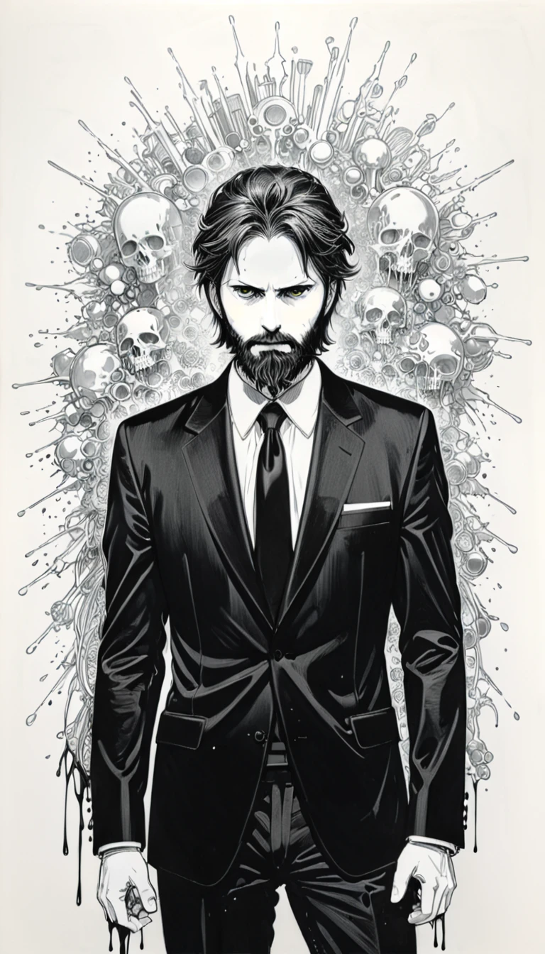 (Anime line drawing:1.5),(Black and White:1.45),Minimalism,(Line Art:1.6),sketch,charcoal drawing,in style of Nick Veasey,by Hirohiko Araki,
BREAK
 (((loosing black tie))), (masterpiece, best quality:1.4), portrait Solo, 30 years man, beard, european, brown eyes, serious eyes, black suit, brown medium hair, shoulder-length hair,wavy hair, sharp eyes
BREAK
energy atmosphere of the grim reaper,
BREAK
(Blood splatter:1.3),(paint splatter:1.2),(dripping paint:1.2),insanely detailed and intricate, hypermaximalist, elegant, ornate, hyper realistic, super detailed