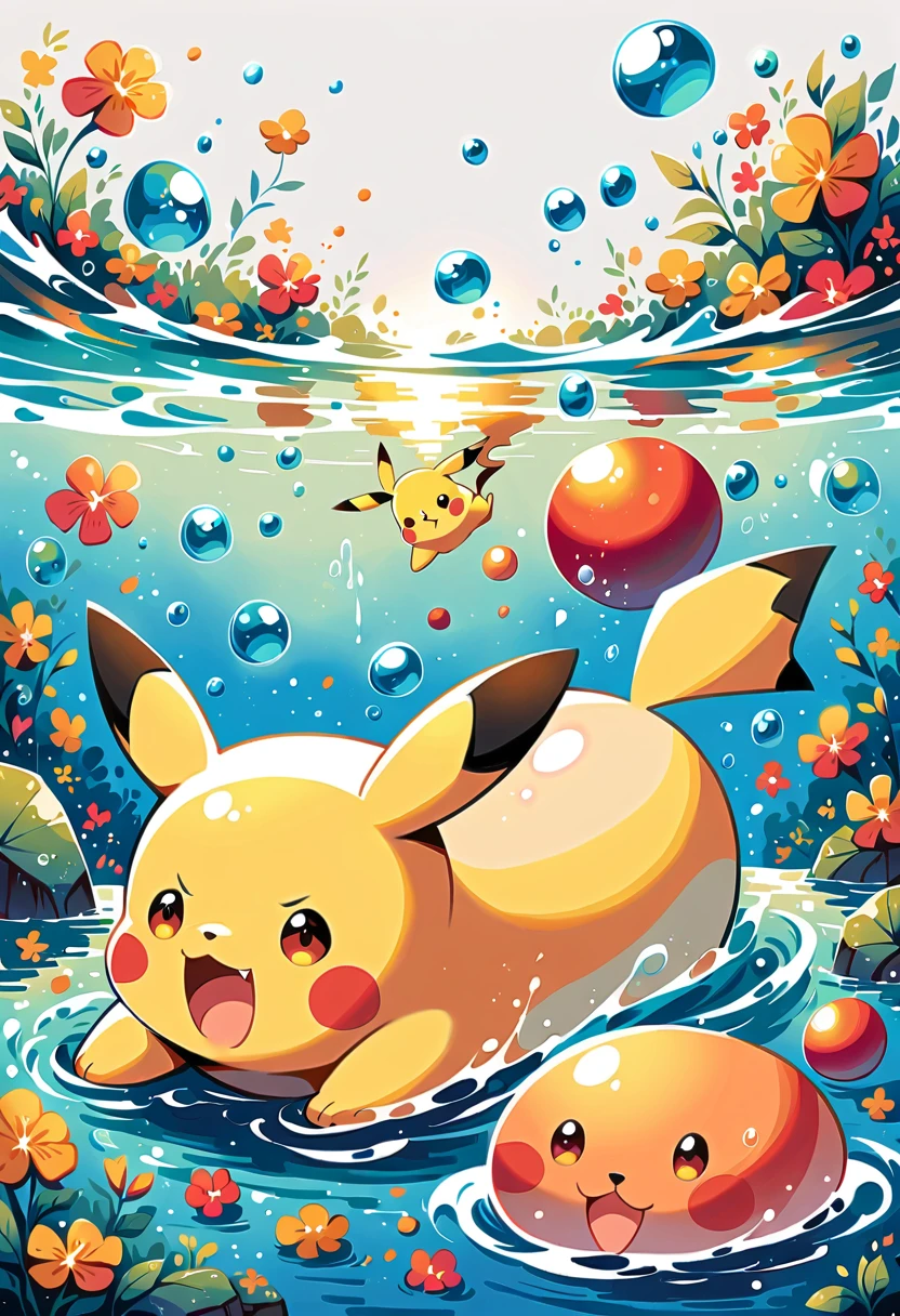 cute scene featuring Pikachu practicing swimming, Pikachu should be in a shallow pool or a calm body of water, looking determined and joyful. Use a bright and cheerful color palette with soft, painterly strokes. Include elements like a small floatation device or swim ring, water splashes around Pikachu, and perhaps a few playful bubbles. The background should feature a sunny day with clear skies, and maybe some gentle waves or distant beach scenery.