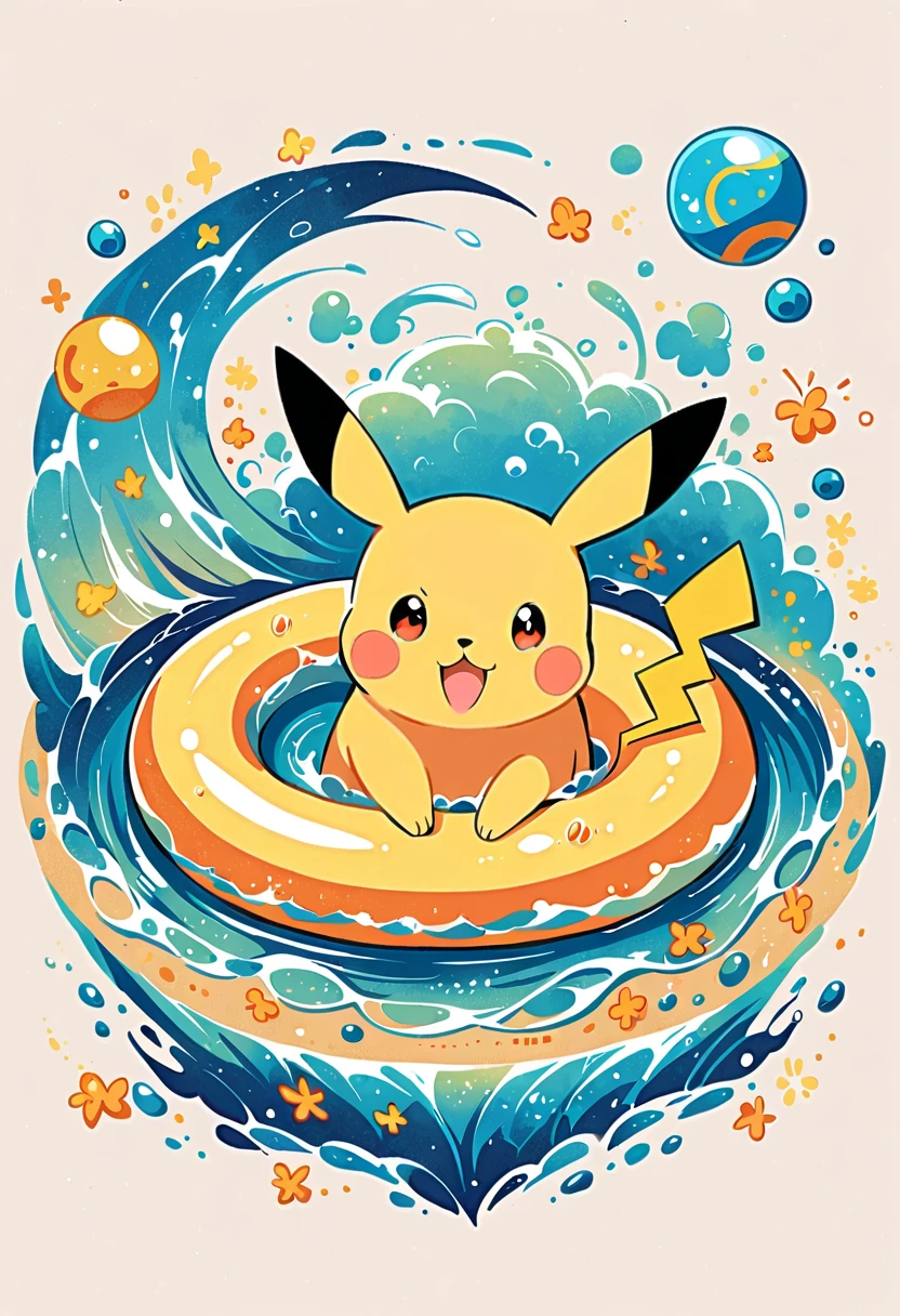 cute scene featuring Pikachu practicing swimming, Pikachu should be in a shallow pool or a calm body of water, looking determined and joyful. Use a bright and cheerful color palette with soft, painterly strokes. Include elements like a small floatation device or swim ring, water splashes around Pikachu, and perhaps a few playful bubbles. The background should feature a sunny day with clear skies, and maybe some gentle waves or distant beach scenery.