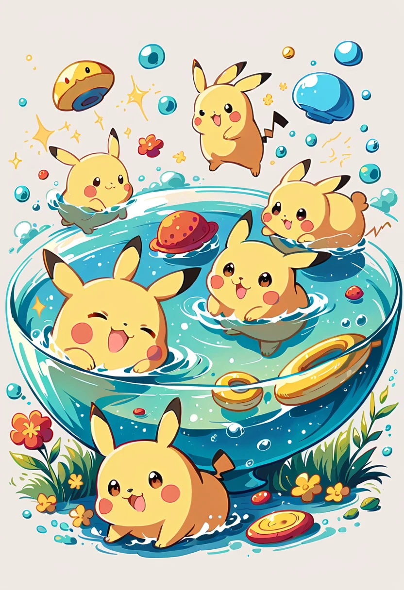 cute scene featuring Pikachu practicing swimming, Pikachu should be in a shallow pool or a calm body of water, looking determined and joyful. Use a bright and cheerful color palette with soft, painterly strokes. Include elements like a small floatation device or swim ring, water splashes around Pikachu, and perhaps a few playful bubbles. The background should feature a sunny day with clear skies, and maybe some gentle waves or distant beach scenery. 