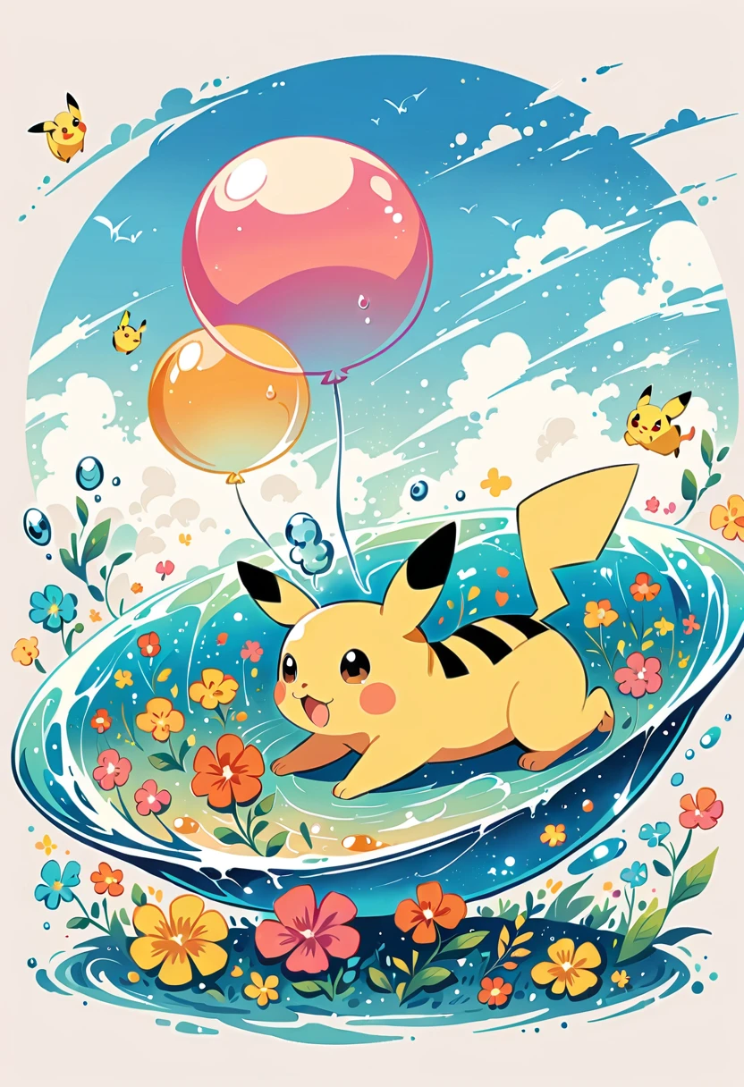 cute scene featuring Pikachu practicing swimming, Pikachu should be in a shallow pool or a calm body of water, looking determined and joyful. Use a bright and cheerful color palette with soft, painterly strokes. Include elements like a small floatation device or swim ring, water splashes around Pikachu, and perhaps a few playful bubbles. The background should feature a sunny day with clear skies, and maybe some gentle waves or distant beach scenery. 