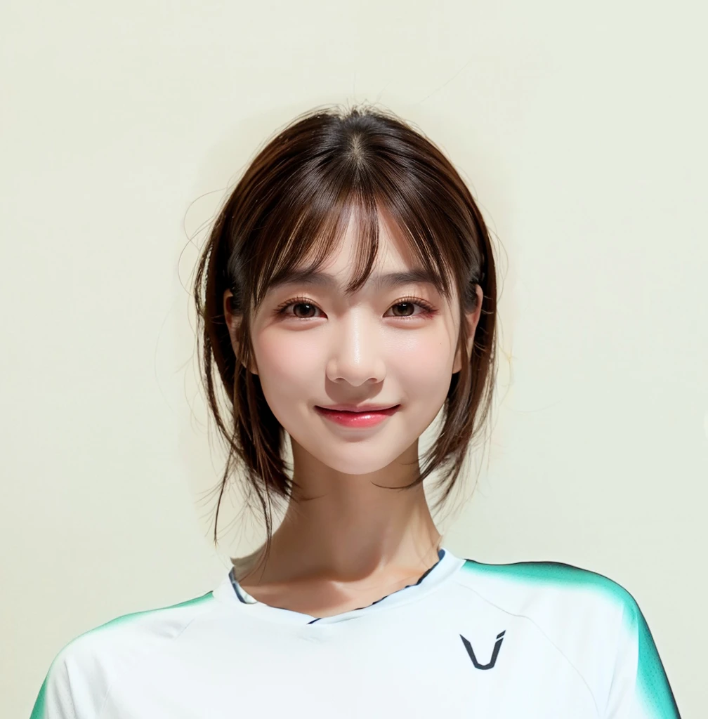 (In reality, high resolution:1.3, masterpiece, 8K, best quality, studio shoot, photo realistic:1.4, photography), korean girl looking at camera,smile,((Dark Brown Hair)), Detailed skin, Detailed Lips, Detailed eyes, normal hand, simple background