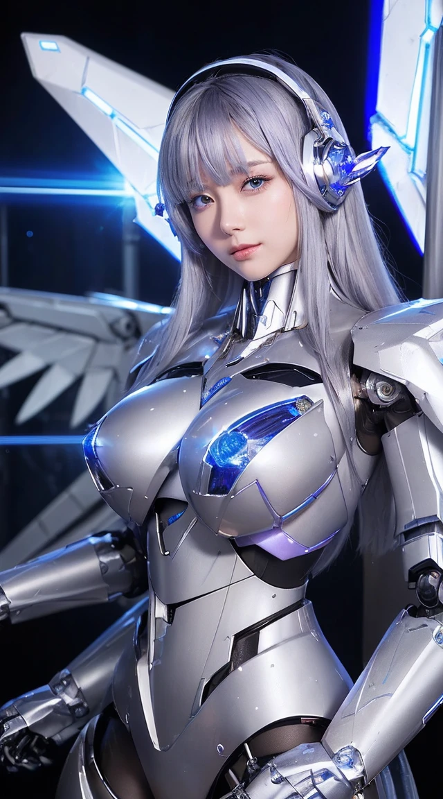 ((Intense action pose:1.6))、((Shining lenses on both breasts:1.3))、((Blue pillars of light are emanating from both chests.:1.3))、smile、((8K)), ((32k)), ((Highest quality)), ((masterpiece)), ((超A high resolution)), ((Tmasterpiece)), ((Halation:1.4))、((Mechaニカルheadgear:1.2))、((Cyber headphones:1.3))、Fine skin, High quality fabric, Fine metal texture、((Beautiful and dense face))、RAW Photos、Professional, Ultra-fine painting, ((alone)), Beautiful breasts、Highest quality, Very detailed, Very detailed詳細, Finer details, so beautiful, ((Princess Knight Robot:1.2)),  (Joints of machines, Mechanical Limbs:1.3), (The internal structure of the machine is exposed:1.3), (Long silver hair:1.1), (Beautiful and huge mechanical breasts)、White Veil, cowboy_shot, Side Focus, headgear, Shiny、(Five Fingers, Four fingers and thumb),Concept Art, Anime fantasy artwork, Detailed fantasy art, (with pale blue-violet hair and large white wings,,,,,,,), (((Long silver hair))), (Mecha:1.6)、Sleek and intimidating design, ((Commander-in-Chief&#39;arm)), (Perfect robot body)、純白と青紫armまたは, Symmetrical wings, 8K high quality, detailed art, 3D rendering of character art in 8K, neat legs, Defined, Defined fingers,