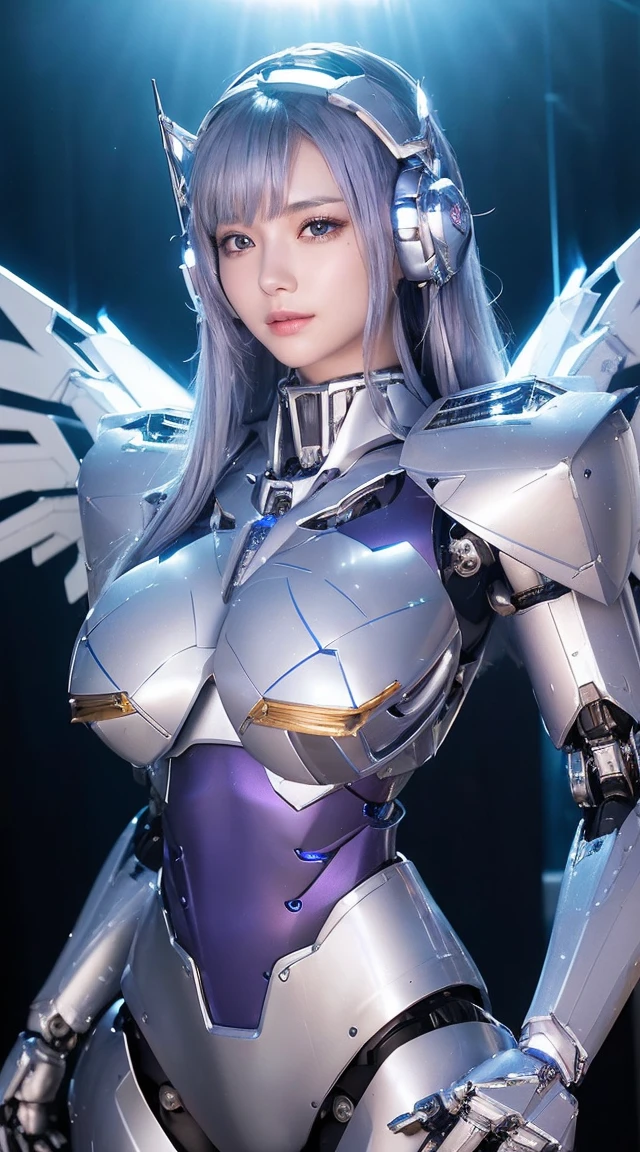 ((Intense action pose:1.6))、((Shining lenses on both breasts:1.3))、((Blue pillars of light are emanating from both chests.:1.3))、smile、((8K)), ((32k)), ((Highest quality)), ((masterpiece)), ((超A high resolution)), ((Tmasterpiece)), ((Halation:1.4))、((Mechaニカルheadgear:1.2))、((Cyber headphones:1.3))、Fine skin, High quality fabric, Fine metal texture、((Beautiful and dense face))、RAW Photos、Professional, Ultra-fine painting, ((alone)), Beautiful breasts、Highest quality, Very detailed, Very detailed詳細, Finer details, so beautiful, ((Princess Knight Robot:1.2)),  (Joints of machines, Mechanical Limbs:1.3), (The internal structure of the machine is exposed:1.3), (Long silver hair:1.1), (Beautiful and huge mechanical breasts)、White Veil, cowboy_shot, Side Focus, headgear, Shiny、(Five Fingers, Four fingers and thumb),Concept Art, Anime fantasy artwork, Detailed fantasy art, (with pale blue-violet hair and large white wings,,,,,,,), (((Long silver hair))), (Mecha:1.6)、Sleek and intimidating design, ((Commander-in-Chief&#39;arm)), (Perfect robot body)、純白と青紫armまたは, Symmetrical wings, 8K high quality, detailed art, 3D rendering of character art in 8K, neat legs, Defined, Defined fingers,