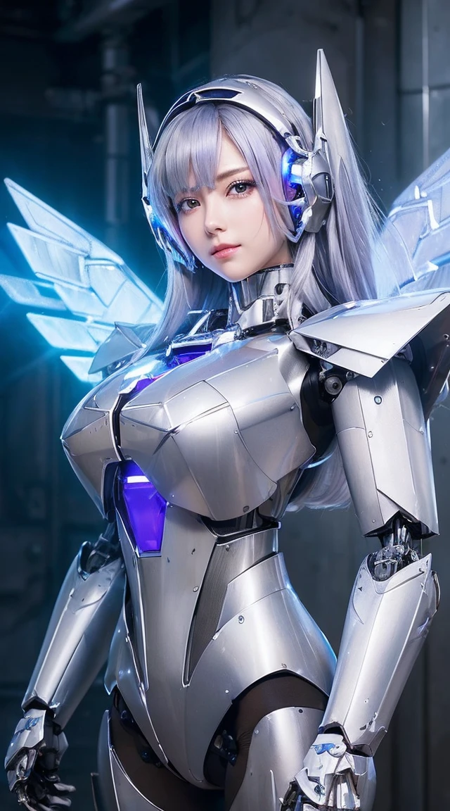 ((Intense action pose:1.6))、((Shining lenses on both :1.3))、((Blue pillars of light are emanating from both chests.:1.3))、smile、((8K)), ((32k)), ((Highest quality)), ((masterpiece)), ((超A high resolution)), ((Tmasterpiece)), ((Halation:1.4))、((Mechaニカルheadgear:1.2))、((Cyber headphones:1.3))、Fine skin, High quality fabric, Fine metal texture、((Beautiful and dense face))、RAW Photos、Professional, Ultra-fine painting, ((alone)), Beautiful breasts、Highest quality, Very detailed, Very detailed詳細, Finer details, so beautiful, ((Princess Knight Robot:1.2)),  (Joints of machines, Mechanical Limbs:1.3), (The internal structure of the machine is exposed:1.3), (Long silver hair:1.1), (Beautiful and huge mechanical breasts)、White Veil, cowboy_shot, Side Focus, headgear, Shiny、(Five Fingers, Four fingers and thumb),Concept Art, Anime fantasy artwork, Detailed fantasy art, (with pale blue-violet hair and large white wings,,,,,,,), (((Long silver hair))), (Mecha:1.6)、Sleek and intimidating design, ((Commander-in-Chief'arm)), (Perfect robot body)、純白と青紫armまたは, Symmetrical wings, 8K high quality, detailed art, 3D rendering of character art in 8K, neat legs, Defined, Defined fingers,