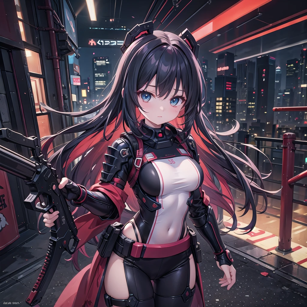 a woman with a gun on a city street, inspired by rossdraws, red waist-long hair, biomechanical , | fine detail anime, red and cyan ink, alejandro burdiso style art, (neotokyo), g liulian art style, :8, perfect android girl family