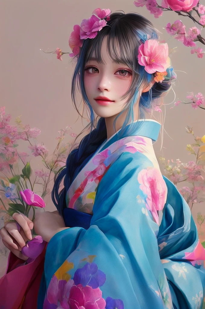 there is a woman with a flower in her hair and a colorful kimono, artwork in the style of guweiz, beautiful digital illustration, a beautiful artwork illustration, beautiful digital artwork, 🌺 cgsociety, beautiful digital painting, guweiz, inspired by Yanjun Cheng, anime styled digital art, digital anime illustration, beautiful anime portrait, japanese art style