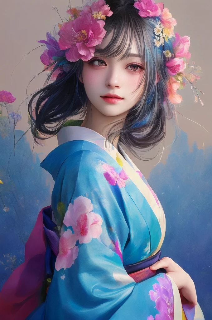 there is a woman with a flower in her hair and a colorful kimono, artwork in the style of guweiz, beautiful digital illustration, a beautiful artwork illustration, beautiful digital artwork, 🌺 cgsociety, beautiful digital painting, guweiz, inspired by Yanjun Cheng, anime styled digital art, digital anime illustration, beautiful anime portrait, japanese art style