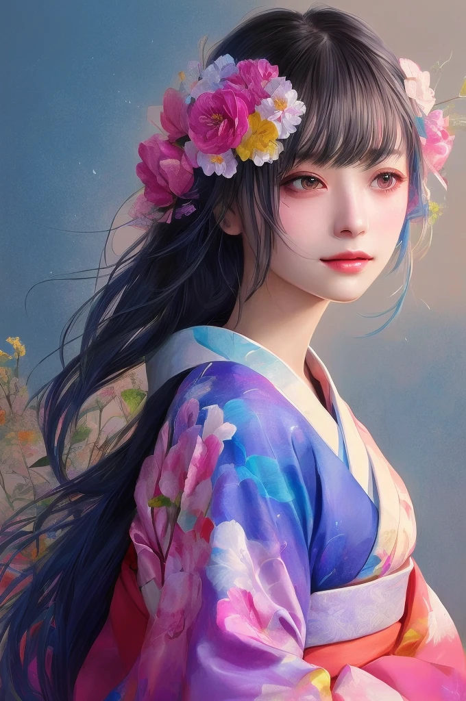 there is a woman with a flower in her hair and a colorful kimono, artwork in the style of guweiz, beautiful digital illustration, a beautiful artwork illustration, beautiful digital artwork, 🌺 cgsociety, beautiful digital painting, guweiz, inspired by Yanjun Cheng, anime styled digital art, digital anime illustration, beautiful anime portrait, japanese art style