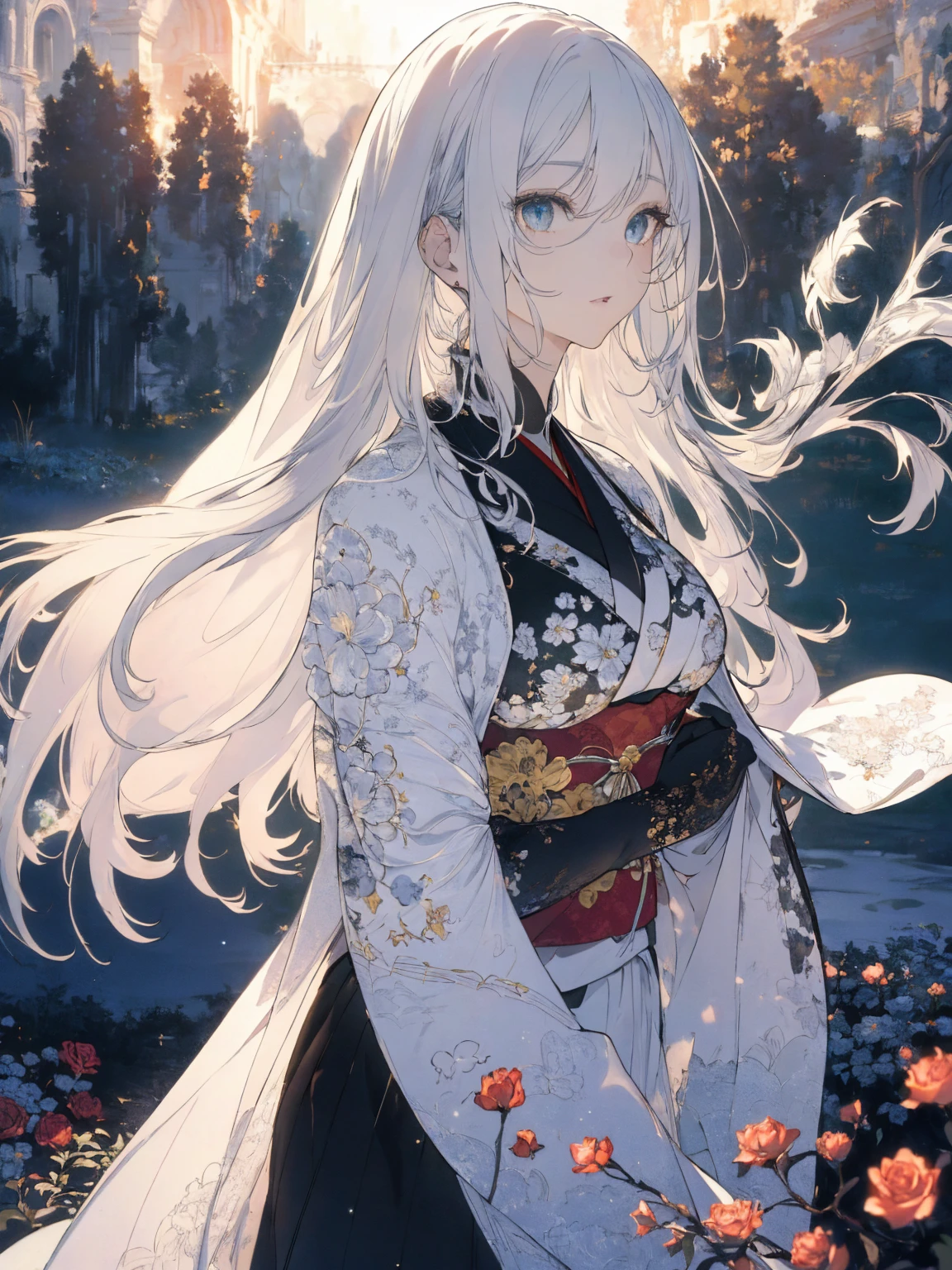 (Landscape photo, with a woman in the bottom right of photo:1.5, in white garden:1.5, kimono), Masterpiece, best quality, (very detailed CG unity 8k wallpaper), (best quality), High definition RAW color art, Animation,sculptures, (black Marble Skin), (((Ultra detailed elegant))), Magical atmosphere, Detailed skin, Texture,(Intricately detailed, Fine detail, ultra-detail art), depth of fields, Bokeh, Silky Touch, Hyper Detail, beautiful eyes, elegant face, (upper body focus), sparkle background, enormous breast:1.3, (silver hair), pure white, pose, muscle, embarrassing face, rose, ドラマチックな光, profile