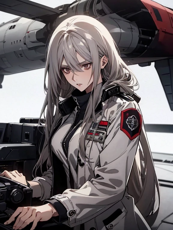 (Confused, High resolution, Very detailed), 1 female, Silver Hair,Long Hair,Reddish brown eyes,Red and black pilot suit,White long coat,Navy blue skinny pants,bu-tu 24th generation,beauty,mature,thin,quiet,Calm,In the cockpit,talk,Threatening,Unpleasant,Annoying,White long coat,