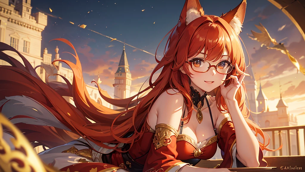 ((Best quality)), ((masterpiece)), (detailed), best quality,8K,original photo,This is a perfect face,Red Fox Maiden,touch fox,Castle Background, Liveliness. Carefree happy joy bokeh background. Quiet aesthetics. Soft lighting. Artistic Lighting. Gold frame glasses