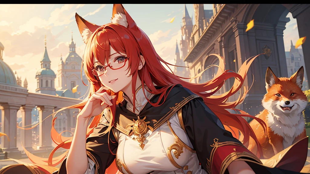 ((Best quality)), ((masterpiece)), (detailed), best quality,8K,original photo,This is a perfect face,Red Fox Maiden,touch fox,Castle Background, Liveliness. Carefree happy joy bokeh background. Quiet aesthetics. Soft lighting. Artistic Lighting. Gold frame glasses