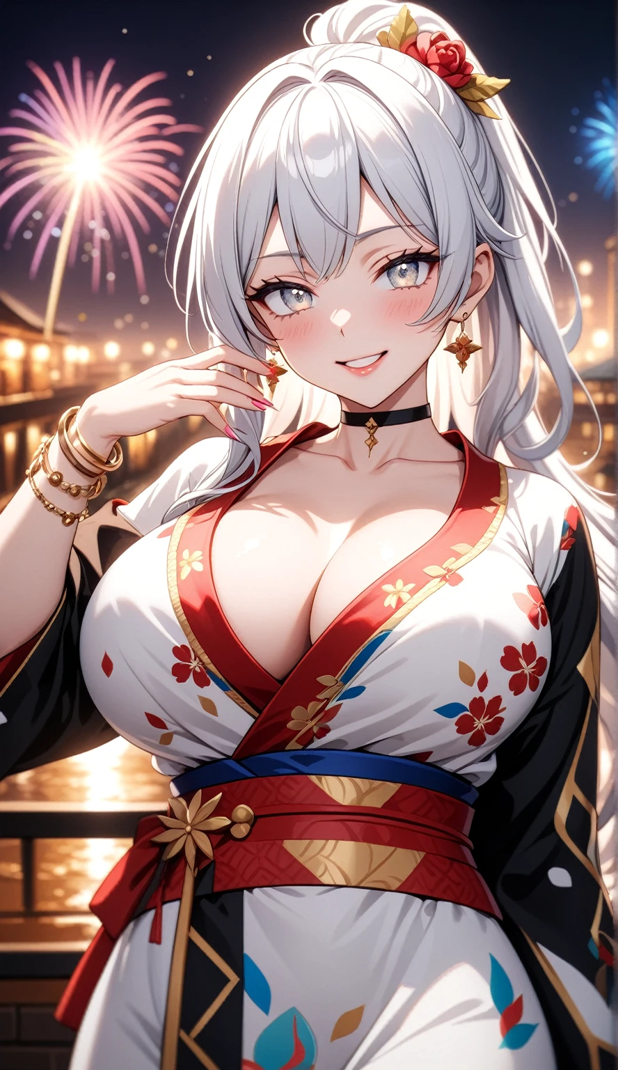 ((One personの女性)), Beautiful Face,(laugh),((Wink:1.9)),((Touch your lips)), Laugh with your mouth wide open,((Bright red cheeks:1.4)),Shiny red lips,night,rooftop,Festive decorations,You can see the ocean, firework,Laughing with your mouth open,Glossy pink lips,Facial lighting,((Anime style background)),masterpiece, Highest quality, so beautiful,up to date, Complex details, (Pink long nails),(ring),(bracelet),(choker),AI-generated, Complex,High resolution, Highest quality, super high quality,3D Images、3D Images,One person,Long white hair,High Ponytail,(Pale eyes),Anime woman posing for a photo, ((fine grain、Silvery white colorful eyes、Shining Eyes:1.4)),(Squint your eyes:1.1),a hyperRealistic , hyperRealistic , Realistic,Anime woman with long white hair, Smooth anime CG art, A woman in a colorful kimono with gold embroidery, (Black long sleeve kimono),Red floral pattern,Long flower hair ornament,big floral earrings,Mature Body,(Big Breasts:1.1),expensive,Abdominal muscles,Tight waist,(Zoom up to face:1.7),Shooting from diagonally below