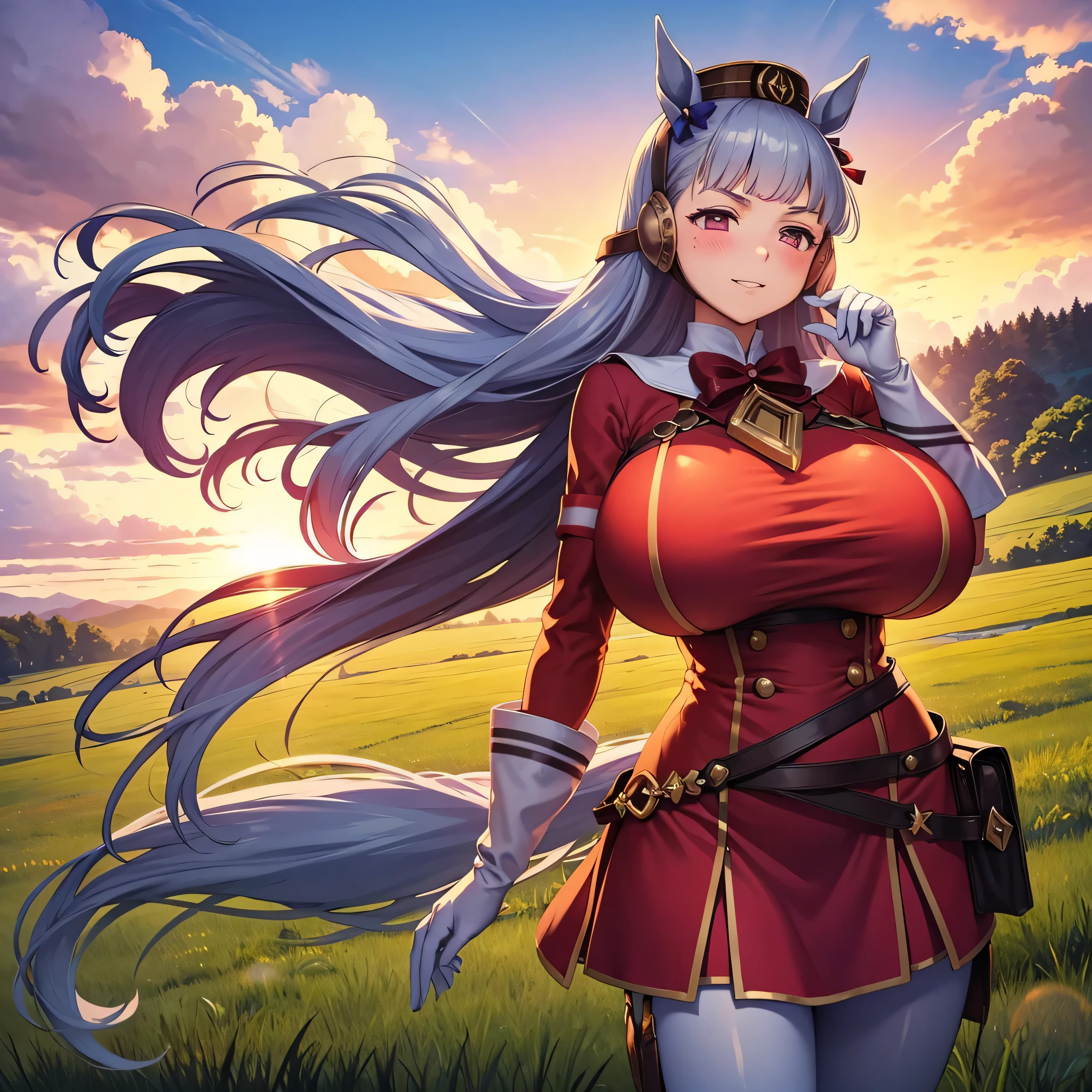 Dark color depiction、(masterpiece, Highest quality:1.2), alone, One girl, umpd gold ship, pillbox hat,Red dress,No sleeve, White Pantyhose, White gloves、boots, Horse tail,、grassland、Nature、blush、smile、Feel the wind、summer、Sunset、Cowboy Shot、(Huge breasts:1.4)、Nipples are visible、Clothes are see-through、piece、Look to the side
