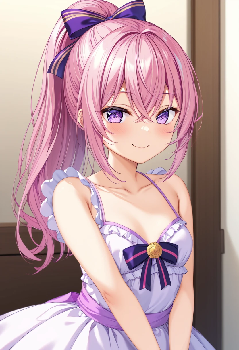 (((masterpiece)))(((Highest quality)))(((8K)))(((4K)))One Little Girl、10 years old、Straight Hair、(Pink Hair)Pink high ponytail、Ribbon on head、Crossed bangs、Light purple eyes、Squint your eyes、((Smile with your mouth closed))、(((Cute Dress)))、Small breasts、Diagonally from behind、turn around、Upper Body、Anime Style