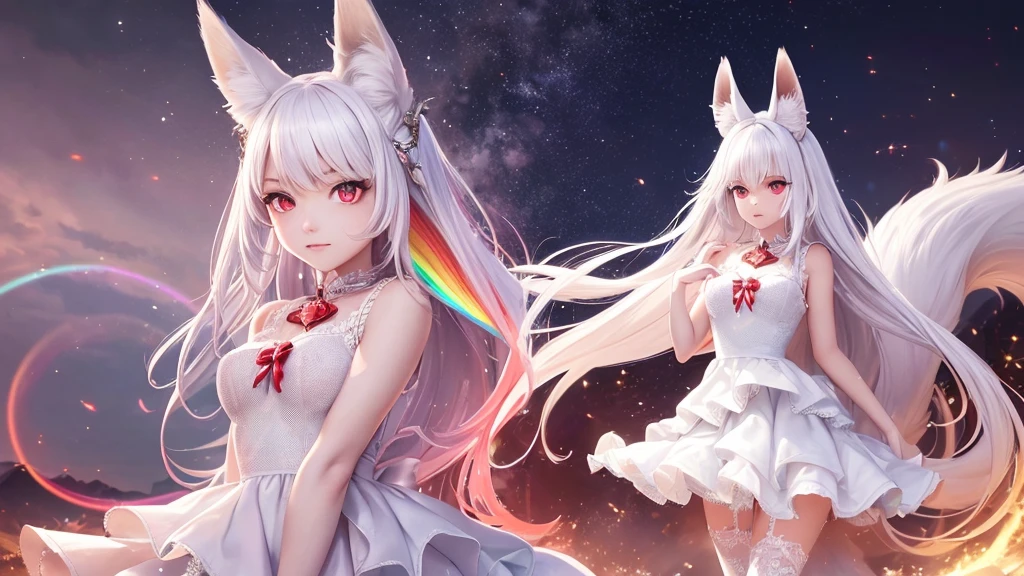 best quality, 8K, original photo, Ridiculous, Extremely detailed, Fox-eared maiden,baby face, No makeup, Provocative expressions,slim, Perfect proportion, White straight hair, (wind, wind-effect), Red Eyes, Various visual styles for backgrounds,combines various artistic elements,like a sparkling iridescent rainbow,Fox tail,Lace dress,wearing glasses