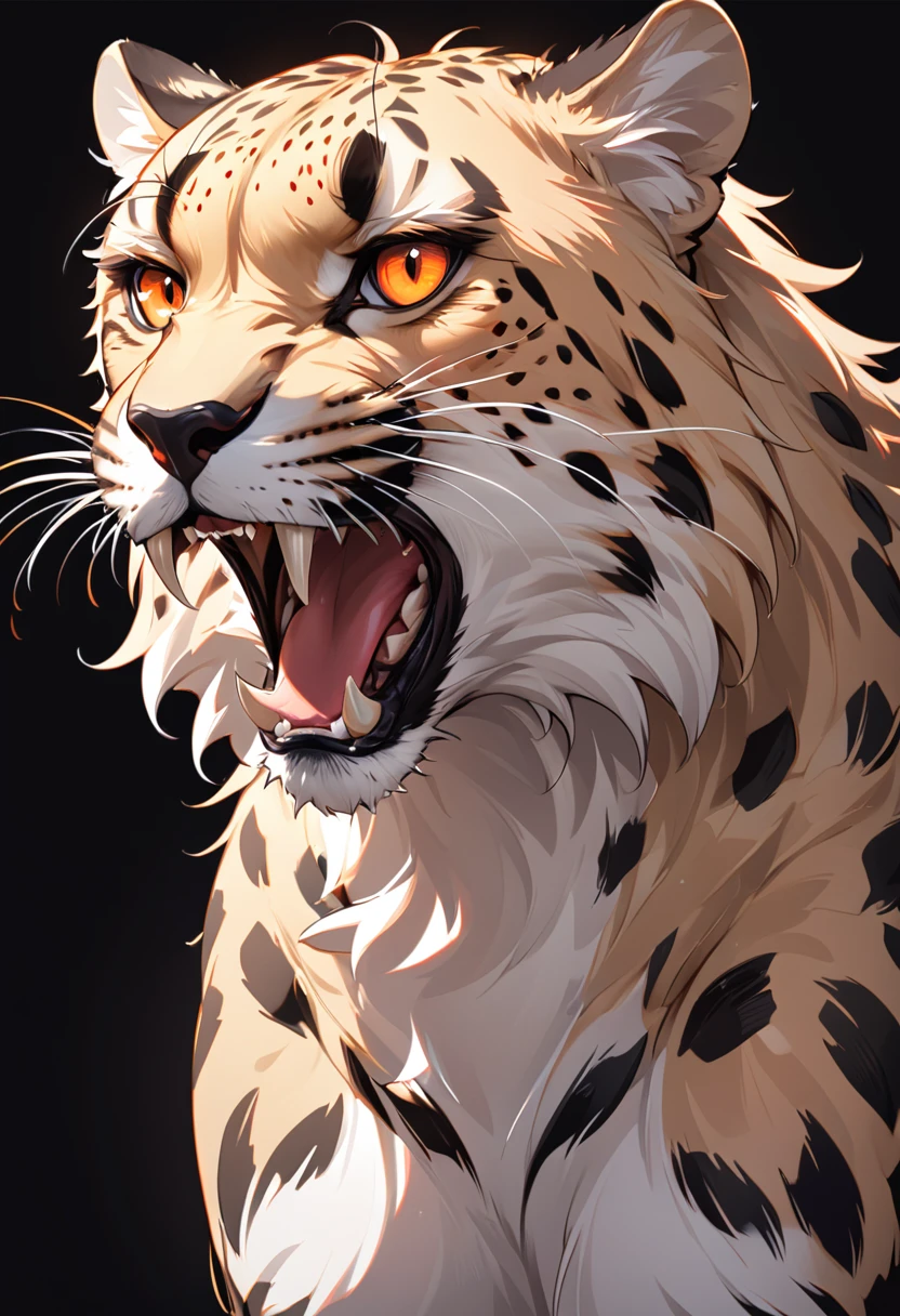 Fierce cheetah，Orange sharp eyes，Black and White，black background