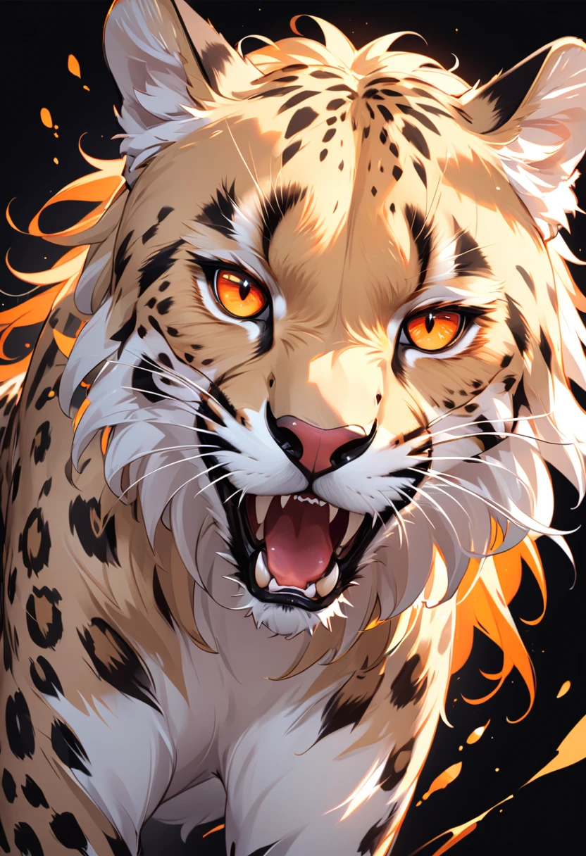 Fierce cheetah，Orange sharp eyes，Black and White，black background