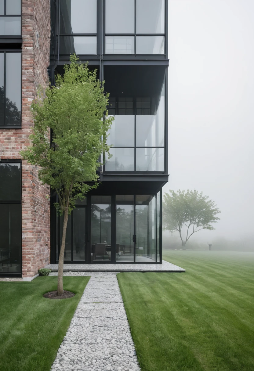RAW format photography, N i k o n D 7 5 0 0 + A F - S D K, the morning fog that envelops the house and most of the condominium, industrial style. Imagine an industrial house, with glass walls divided by a massive black iron structure, English brick walls, real grass in front of the house. Two Elm trees on the side of the main entrance. Stone floor up to the main entrance. Create houses in the background as if it were a condominium.