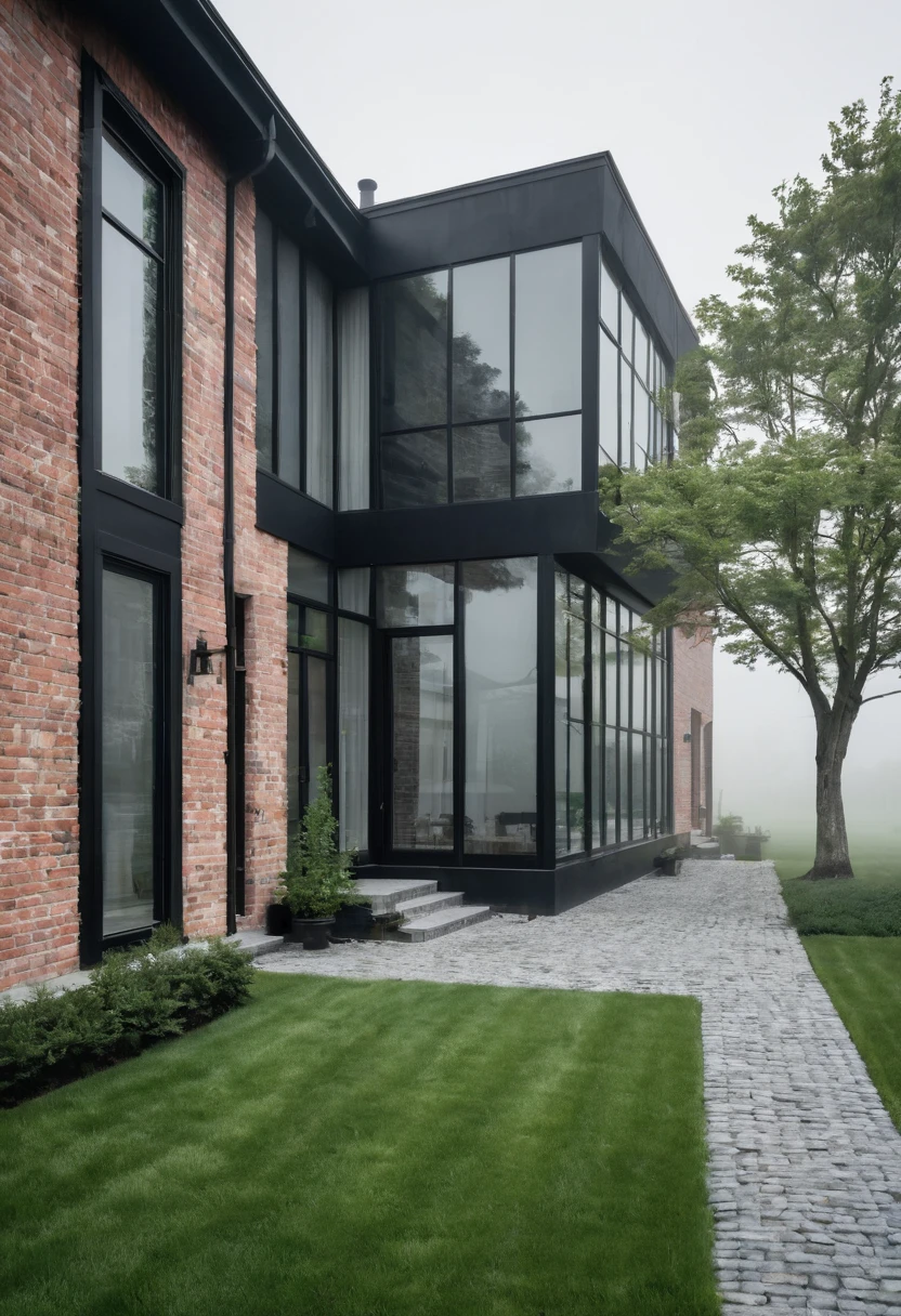 RAW format photography, N i k o n D 7 5 0 0 + A F - S D K, the morning fog that envelops the house and most of the condominium, industrial style. Imagine an industrial house, with glass walls divided by a massive black iron structure, English brick walls, real grass in front of the house. Two Elm trees on the side of the main entrance. Stone floor up to the main entrance. Create houses in the background as if it were a condominium.
