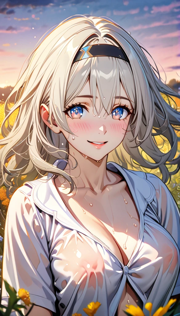 beautiful girl, long grey hair, beautiful face,smiling,close up to hips, beautiful breast, in the middle of flowers field, (open mouth:0.4),illustration,detailed textures(realists),ultra-detailed,portrait style,vivid colors,soft lighting, blushing, mature, hair fluttering, evening light , head band, half body, looking at viewer, cleavages, wearing beautiful night sleepwear, no bra, perky, sweaty, wet clothes