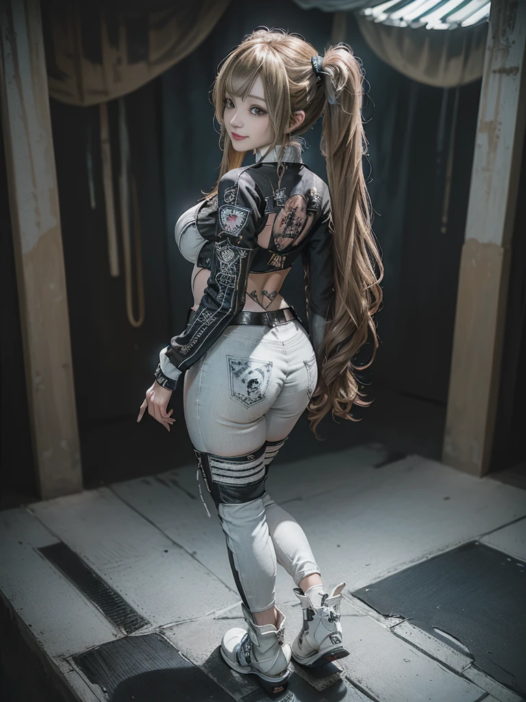 (Full Body View:1.3)、(Back view:1.4)、(Smiling with teeth showing:1.3),(Shibuya Gal:1.5)、(Gothic Lolita style fashion:1.5)、(Punk RockVisual Kei:1.5)、(Wearing a rhythmic gymnastics bodysuit with intricate details:1.4)、(Racing suit and pants with intricate decorations in white, denim and charcoal:1.5)、(Denim and light blue and white boots:1.3)、((belt))、(Numerous delicate logo marks all over the costume:1.4)、(collar:1.3)、(Striped underwear:1.5)、20-year-old、NSFW、((Highest quality、In 8K、masterpiece:1.3))、Sharp focus:1.2、(Layered Cut、Huge boobs:1.1),Beautiful woman with perfect figure:1.4、(Doing an aerobics pose:1.3)、Slender Abs:1.2、Highly detailed face and skin texture、Detailed eyes、double eyelid,(Twin tails:1.3)、(Brown-golden hair:1.3)、Gravure idol、(The background is a beautiful underground water palace:1.3)、(Slim body:1.3),(Make your legs thinner:1.4),(Thin thighs:1.1)、（clavicle:1.1）