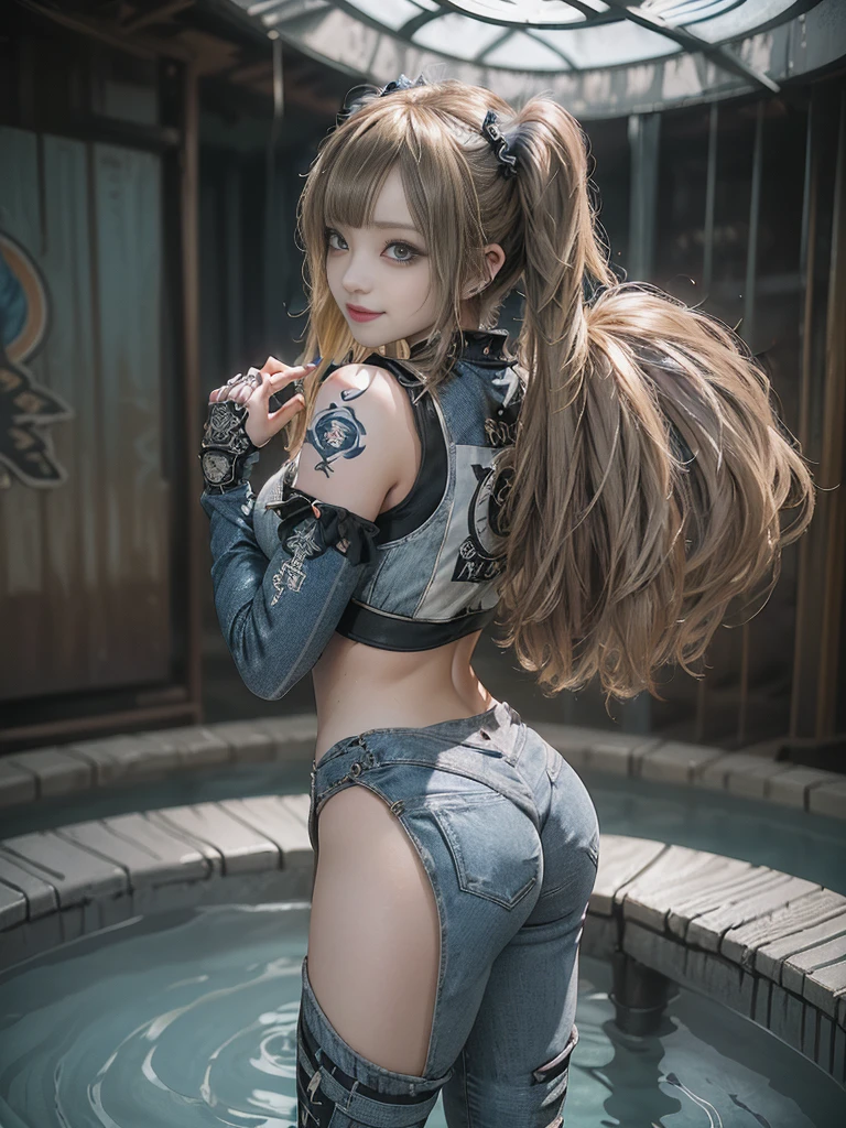 (Full Body View:1.3)、(Back view:1.4)、(Smiling with teeth showing:1.3),(Shibuya Gal:1.5)、(Gothic Lolita style fashion:1.5)、(Punk RockVisual Kei:1.5)、(Wearing a rhythmic gymnastics bodysuit with intricate details:1.4)、(Racing suit and pants with intricate decorations in white, denim and charcoal:1.5)、(Denim and light blue and white boots:1.3)、((belt))、(Numerous delicate logo marks all over the costume:1.4)、(collar:1.3)、(Striped underwear:1.5)、20-year-old、NSFW、((Highest quality、In 8K、masterpiece:1.3))、Sharp focus:1.2、(Layered Cut、Huge boobs:1.1),Beautiful woman with perfect figure:1.4、(Doing an aerobics pose:1.3)、Slender Abs:1.2、Highly detailed face and skin texture、Detailed eyes、double eyelid,(Twin tails:1.3)、(Brown-golden hair:1.3)、Gravure idol、(The background is a beautiful underground water palace:1.3)、(Slim body:1.3),(Make your legs thinner:1.4),(Thin thighs:1.1)、(clavicle:1.1)