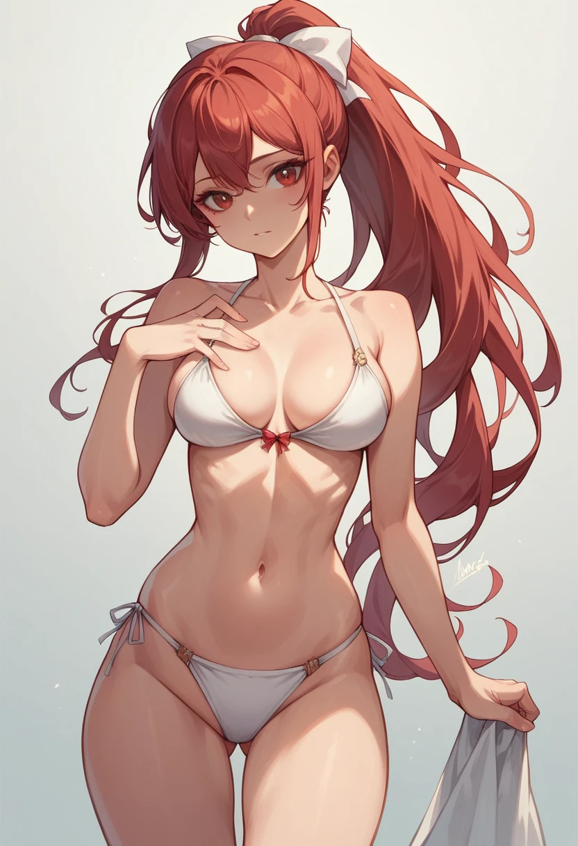  ,NSFW,best quality, young girl,  glamorous, beautiful breasts, white bikini,red long ponytail,ribbon,very aesthetic