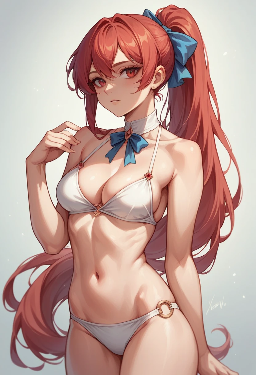 ,NSFW,best quality, young girl, glamorous, beautiful breasts, white bikini,red long ponytail,ribbon,very aesthetic
