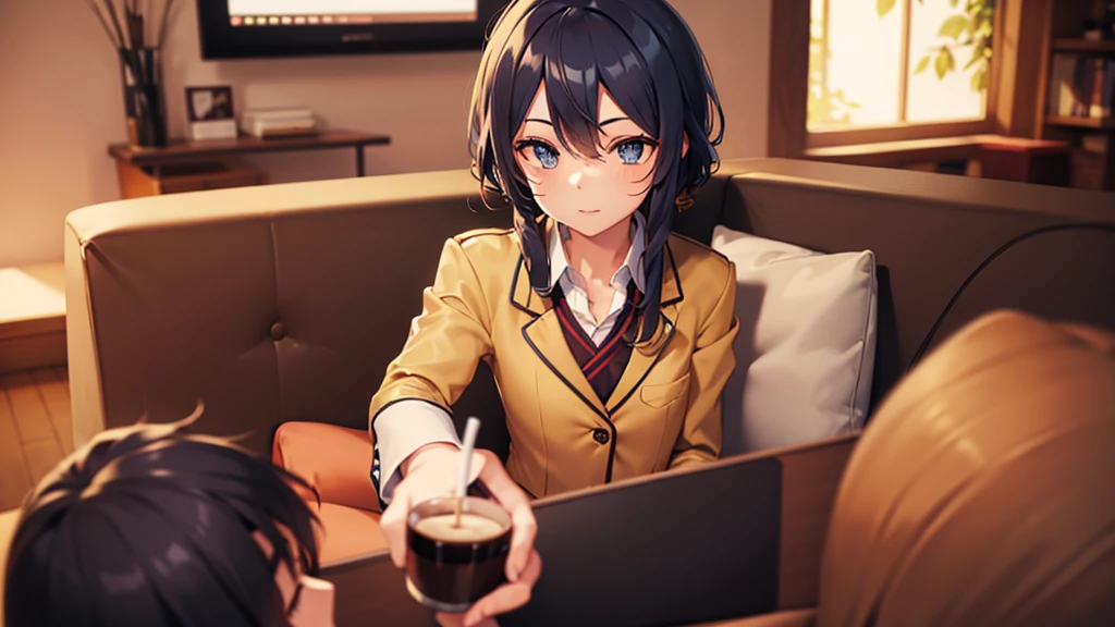 ((POV, sitting on the couch, )), (((Otherwise, blazer ))), coffee supply, Toast, Desktop,