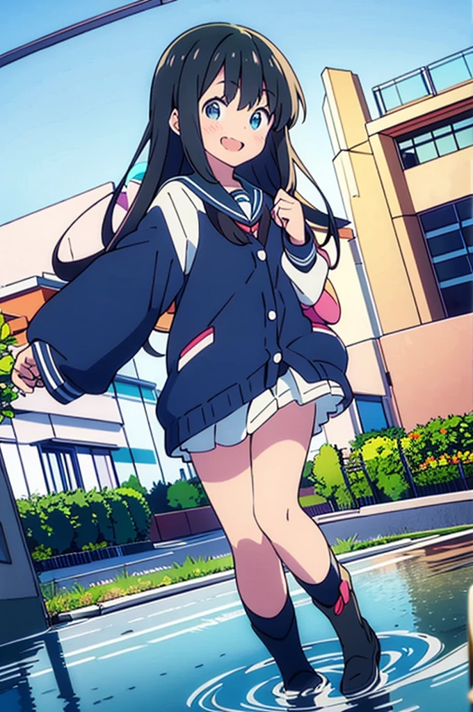 Park after rain　large puddles　elementary school girl　8-year-old　flat chest　black hair　long hair　eyes are purple　smile　（（1 person））　Cardigan on top of white long-sleeved sailor uniform　Lower body navy blue miniskirt　white panties　white socks　sports boots　standing in front of a puddle　（（white pantiesが見える））　from the front　dynamic angle　Low - Angle
