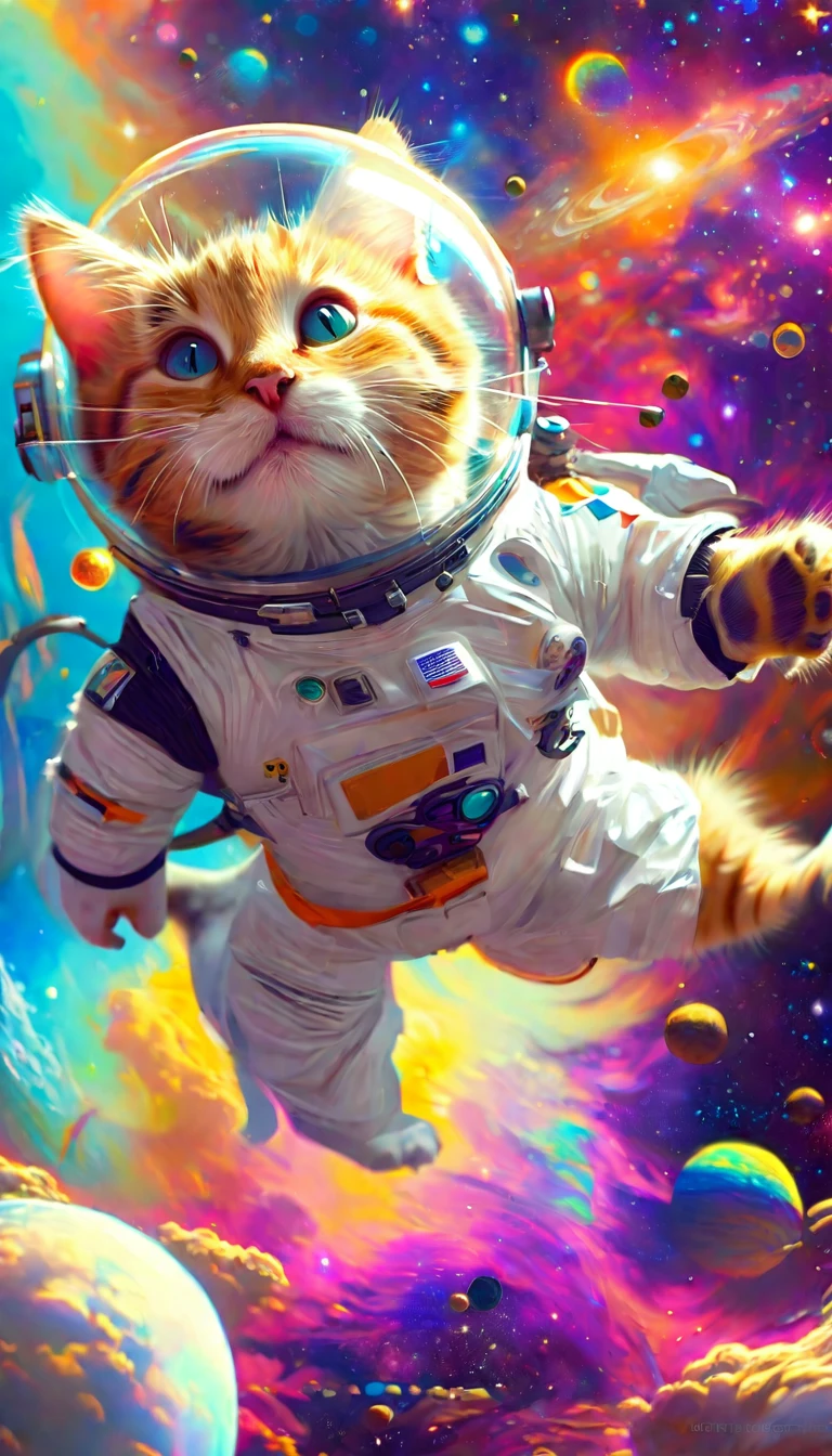 A cat in a space suit is floating in the air, astronaut cat, Space Cat, Space Cat, Beep!!, Beep daily art, Beep art, Space Kitten, Vojtek Fuss, Beep artwork, Beep style, in style of Beep, Beep masterpiece, Beautiful digital art