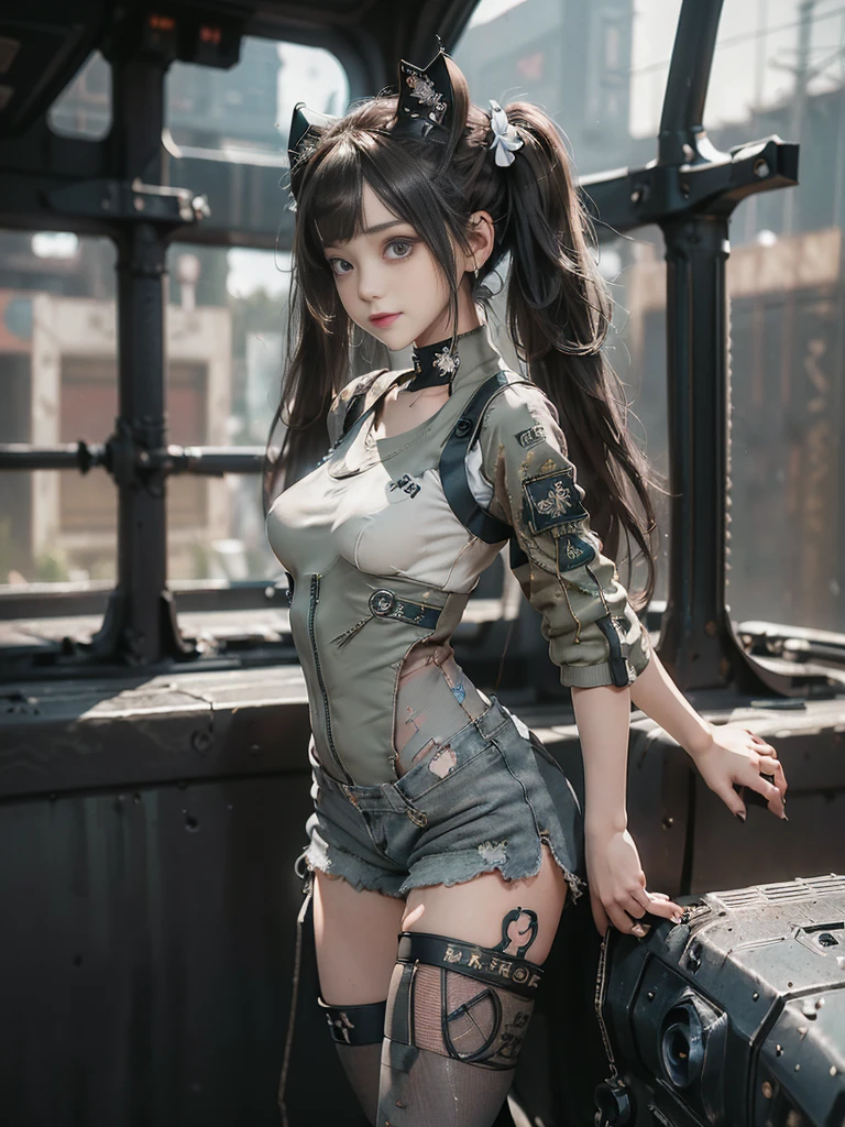 (Full Body View:1.5)、(Side view:1.1)、(Please smile with your teeth showing:1.3),(Shibuya Gal:1.5)、(Gothic Lolita style fashion:1.5)、(Tattered khaki and gray futuristic micro high leg bodysuit:1.5)、(Tattered Khakis and White Micro Fancy Sleeves:1.5)、(Tattered khaki micro shorts:1.5)、(Brown and khaki knee socks:1.3)、(camouflage:1.3)、(Military jacket:1.4)、Brown boots、Khaki gloves、internal、(The underwear is striped:1.4)、23 years old、(do a gravure pose:1.3)、((Highest quality、8K、masterpiece:1.3))、One girl、The beauty of slim abs:1.3、(Hairstyle Casual、Big Tits:1.1)、dress:1.1、Super small face、Narrow eyes、double eyelid、Laughter、Esbian all over、Dynamic Angle、Close-up、CPL Filter、Blurred Background、Bokeh、Blue Hour、Detailed face and skin texture、Detailed Eyes,(Twin tails:1.3)、(Brown Hair:1.4)、Gravure idol pose、(The background is the cockpit of the battlefield:1.3)、(The body is slim:1.2),(Slim legs:1.4),(clavicle:1.1)