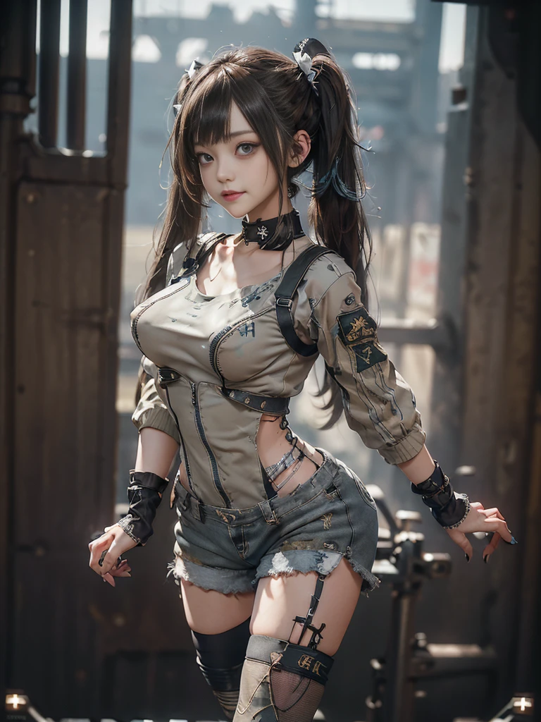 (Full Body View:1.5)、(Side view:1.1)、(Please smile with your teeth showing:1.3),(Shibuya Gal:1.5)、(Gothic Lolita style fashion:1.5)、(Tattered khaki and gray futuristic micro high leg bodysuit:1.5)、(Tattered Khakis and White Micro Fancy Sleeves:1.5)、(Tattered khaki micro shorts:1.5)、(Brown and khaki knee socks:1.3)、(camouflage:1.3)、(Military jacket:1.4)、Brown boots、Khaki gloves、internal、(The underwear is striped:1.4)、23 years old、(do a gravure pose:1.3)、((Highest quality、8K、masterpiece:1.3))、One girl、The beauty of slim abs:1.3、(Hairstyle Casual、Big Tits:1.1)、dress:1.1、Super small face、Narrow eyes、double eyelid、Laughter、Esbian all over、Dynamic Angle、Close-up、CPL Filter、Blurred Background、Bokeh、Blue Hour、Detailed face and skin texture、Detailed Eyes,(Twin tails:1.3)、(Brown Hair:1.4)、Gravure idol pose、(The background is the cockpit of the battlefield:1.3)、(The body is slim:1.2),(Slim legs:1.4),(clavicle:1.1)