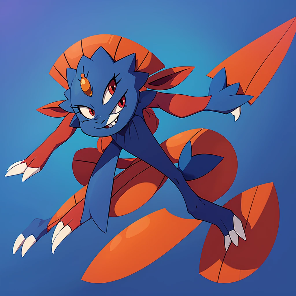 Weavile, bluish fur, orange gem, red eyes, smiling, full body